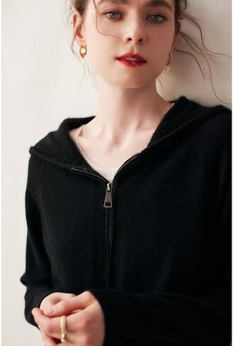 Women's Fall and Winter 100% Cashmere Zipper Open Long Sleeve Hoodie in Saudi Arabia