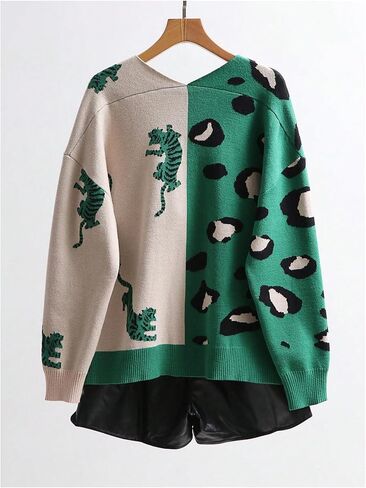 SHENHE Women's Color Block Button Down Animal Print Cardigan V Neck Leopard Sweater Coat in Kuwait
