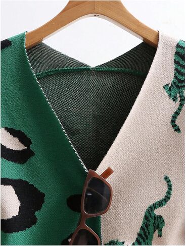 SHENHE Women's Color Block Button Down Animal Print Cardigan V Neck Leopard Sweater Coat in Kuwait
