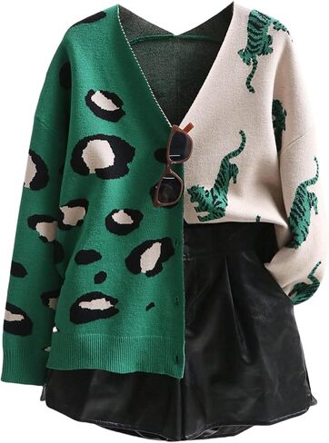 SHENHE Women's Color Block Button Down Animal Print Cardigan V Neck Leopard Sweater Coat in Kuwait