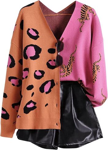 SHENHE Women's Color Block Button Down Animal Print Cardigan V Neck Leopard Sweater Coat in Kuwait