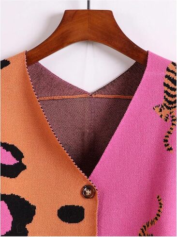 SHENHE Women's Color Block Button Down Animal Print Cardigan V Neck Leopard Sweater Coat in Kuwait