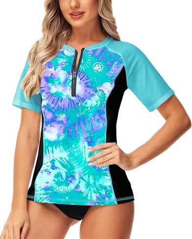 AOBUTE Rash Guard Women Short Sleeve Zip Up Swim Shirt Women SPF 50 Uv Protection Shirt Wave Multicolor XXL in Kuwait
