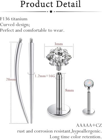 Oufksiyy F136 Titanium الجراحية الجراحية ، حلقات الأنف ، الأزرار ، الأذنين ، الأوجه الخلفية المسطحة ، الخيط الداخلي 20G 18G 16G TRAGUS LIP MEDUSA LABRET 6MM 8MM 10MM in Saudi Arabia