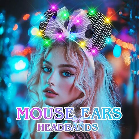 JONKY Light Up Mouse Ears Headband Sequin Princess Hair Bow Costume Hair Accessories for Women and Girls in Saudi Arabia