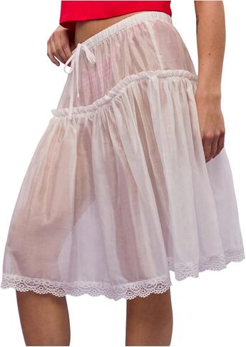 MakeMeChic Women's Pleated Mini Skirt Boho Lace Sheer Mid Waisted Ruffles Tie Drawstring Summer Beach Y2k Skirts in Saudi Arabia
