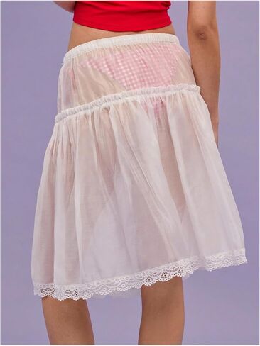 MakeMeChic Women's Pleated Mini Skirt Boho Lace Sheer Mid Waisted Ruffles Tie Drawstring Summer Beach Y2k Skirts in Saudi Arabia