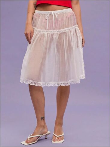 MakeMeChic Women's Pleated Mini Skirt Boho Lace Sheer Mid Waisted Ruffles Tie Drawstring Summer Beach Y2k Skirts in Saudi Arabia