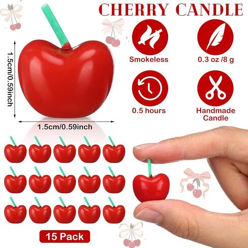 15 Pcs Cherry Shaped Birthday Candles Cute Fruit Shaped Candles Mini Cherry Party Favors Decorative Cake Decorations Soy Wax Cupcake Toppers for Birthday Wedding Gift Table Party Supplies in Saudi Arabia