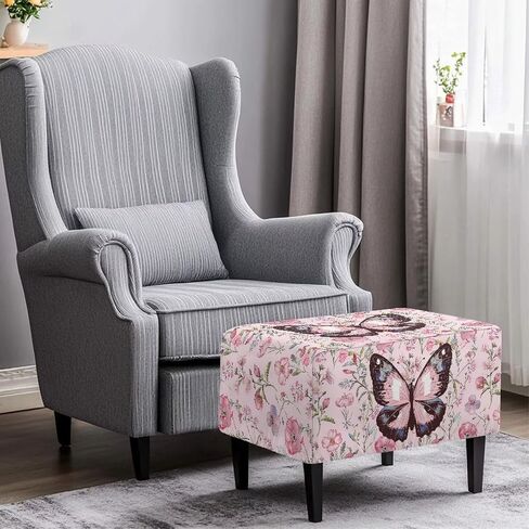 Ottoman Cover Rectangle Butterfly Washable Removable Small Ottoman Slipcover 33X30X15 Inch Form Fit Elastic Protector Covers for Foot Stool Folding Storage Furniture in Kuwait