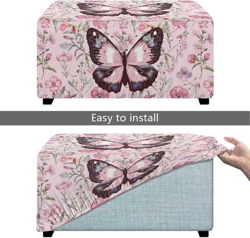 Ottoman Cover Rectangle Butterfly Washable Removable Small Ottoman Slipcover 33X30X15 Inch Form Fit Elastic Protector Covers for Foot Stool Folding Storage Furniture in Kuwait