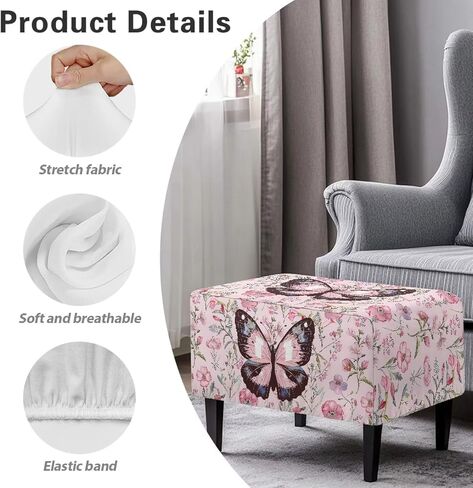 Ottoman Cover Rectangle Butterfly Washable Removable Small Ottoman Slipcover 33X30X15 Inch Form Fit Elastic Protector Covers for Foot Stool Folding Storage Furniture in Kuwait