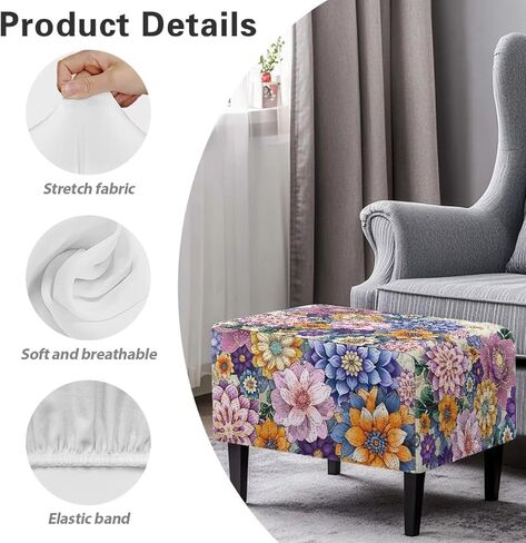 Ottoman Cover Rectangle Butterfly Washable Removable Small Ottoman Slipcover 33X30X15 Inch Form Fit Elastic Protector Covers for Foot Stool Folding Storage Furniture in Kuwait