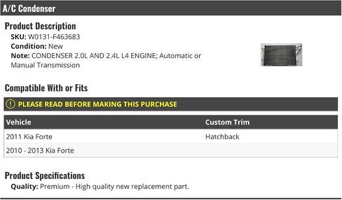 مكثف A/C - متوافق مع 2010-2013 Kia Forte 2.4L in Saudi Arabia
