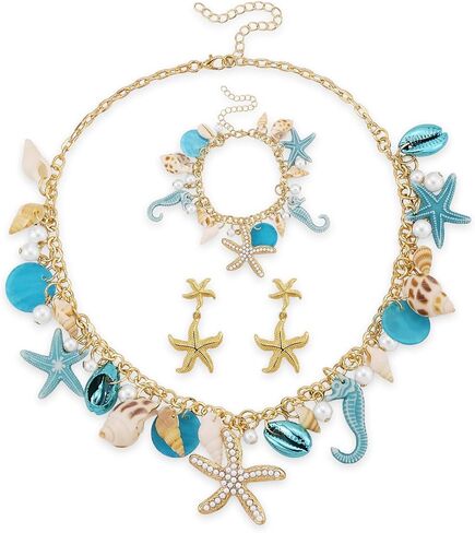 Bohemian Mermaids Shell Starfish Jewelry Set for Women Starfish Necklace Bracelet Earrings Gold Chunky Mermaids Starfish Conch Necklace Summer Ocean Beach Jewelry Set Prom Jewelry in Saudi Arabia