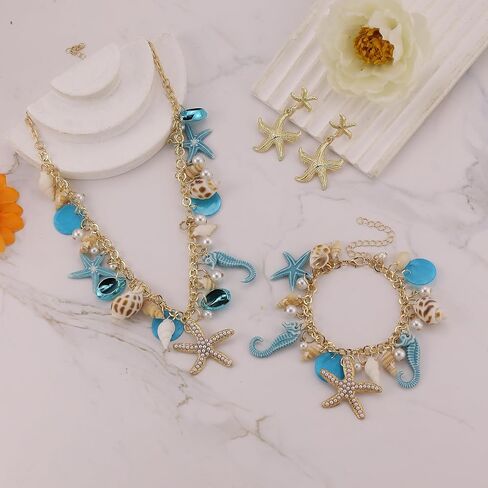 Bohemian Mermaids Shell Starfish Jewelry Set for Women Starfish Necklace Bracelet Earrings Gold Chunky Mermaids Starfish Conch Necklace Summer Ocean Beach Jewelry Set Prom Jewelry in Saudi Arabia