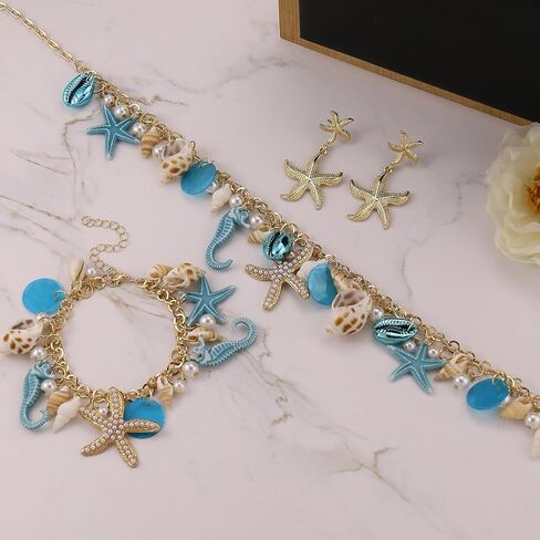 Bohemian Mermaids Shell Starfish Jewelry Set for Women Starfish Necklace Bracelet Earrings Gold Chunky Mermaids Starfish Conch Necklace Summer Ocean Beach Jewelry Set Prom Jewelry in Saudi Arabia