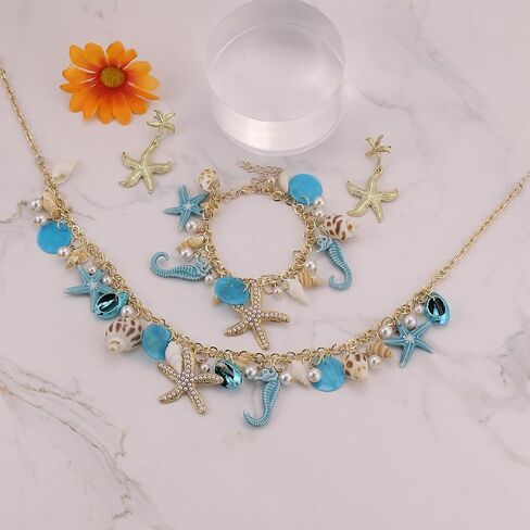 Bohemian Mermaids Shell Starfish Jewelry Set for Women Starfish Necklace Bracelet Earrings Gold Chunky Mermaids Starfish Conch Necklace Summer Ocean Beach Jewelry Set Prom Jewelry in Saudi Arabia
