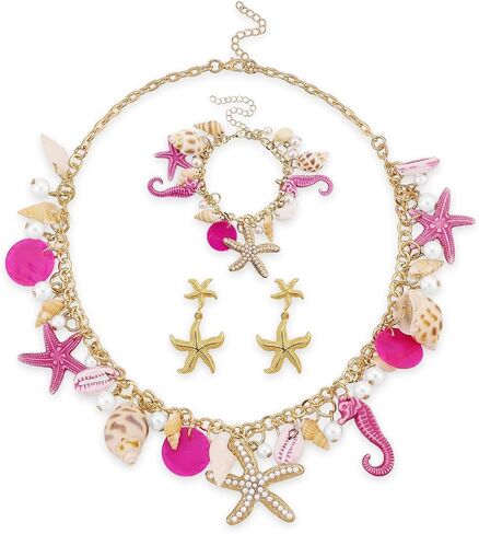 Bohemian Mermaids Shell Starfish Jewelry Set for Women Starfish Necklace Bracelet Earrings Gold Chunky Mermaids Starfish Conch Necklace Summer Ocean Beach Jewelry Set Prom Jewelry in Saudi Arabia
