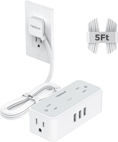 Surge Protector Power Strip, TESSAN White Extension Cord 5 FT with 4 Mutiple Outlets 3 USB Ports, Flat Plug with Surge Protection, 3-Sided Charging Station for Home Office Dorm Room Essentials in Kuwait