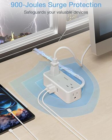 Surge Protector Power Strip, TESSAN White Extension Cord 5 FT with 4 Mutiple Outlets 3 USB Ports, Flat Plug with Surge Protection, 3-Sided Charging Station for Home Office Dorm Room Essentials in Kuwait