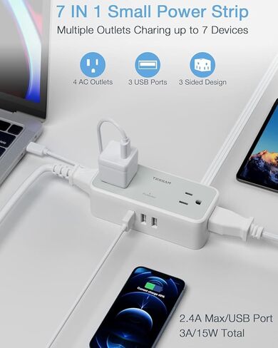 Surge Protector Power Strip, TESSAN White Extension Cord 5 FT with 4 Mutiple Outlets 3 USB Ports, Flat Plug with Surge Protection, 3-Sided Charging Station for Home Office Dorm Room Essentials in Kuwait