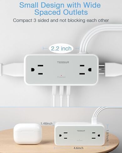 Surge Protector Power Strip, TESSAN White Extension Cord 5 FT with 4 Mutiple Outlets 3 USB Ports, Flat Plug with Surge Protection, 3-Sided Charging Station for Home Office Dorm Room Essentials in Kuwait