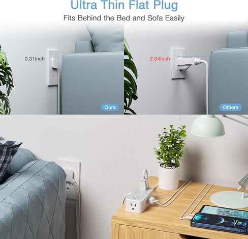 Surge Protector Power Strip, TESSAN White Extension Cord 5 FT with 4 Mutiple Outlets 3 USB Ports, Flat Plug with Surge Protection, 3-Sided Charging Station for Home Office Dorm Room Essentials in Kuwait