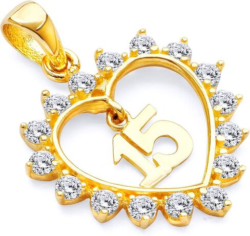 14k REAL Yellow Gold CZ 15 Years Heart Charm Pendant in Saudi Arabia