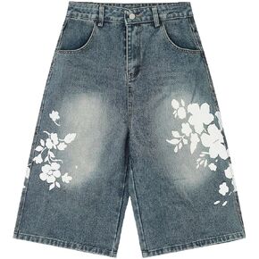 y2k baggy jorts الصيف جينز جينز زهرة الرسم جان شورت واسعة الساق الشارع شحن الشحن in Saudi Arabia