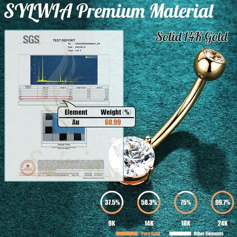 Sylwia 14k خاتم زر الذهب الحقيقي ، 14G خيط جوهر ثقب بطن ، الماس تشيكوسةنيا في تشيكزينا الصلب حلقات بطن البطن الصلب السرة مثقبة للمجوهرات للنساء in Saudi Arabia