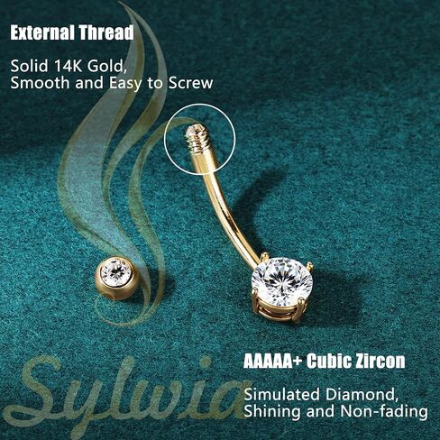 Sylwia 14k خاتم زر الذهب الحقيقي ، 14G خيط جوهر ثقب بطن ، الماس تشيكوسةنيا في تشيكزينا الصلب حلقات بطن البطن الصلب السرة مثقبة للمجوهرات للنساء in Saudi Arabia