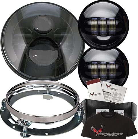 مصابيح Eagle Lights 7 بوصة Harley LED مع مصابيح بقعة متطابقة في كروم ، تي شيرت خاتم محول مجاني - 2013 و Harley Touring الأقدم (Glide Street ، Ultra Classic والمزيد) (Chrome) (Chrome) in Kuwait