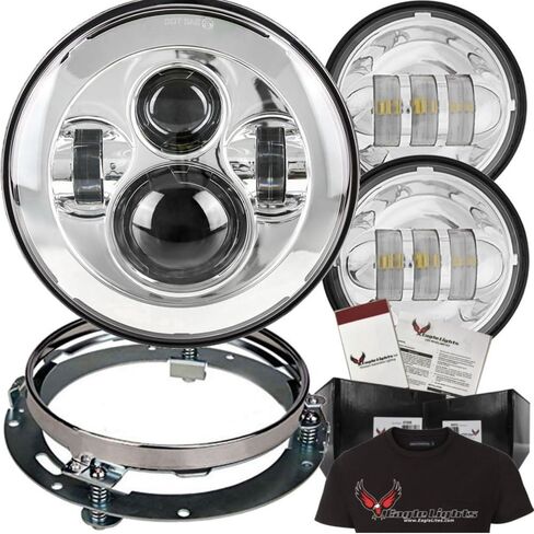 مصابيح Eagle Lights 7 بوصة Harley LED مع مصابيح بقعة متطابقة في كروم ، تي شيرت خاتم محول مجاني - 2013 و Harley Touring الأقدم (Glide Street ، Ultra Classic والمزيد) (Chrome) (Chrome) in Kuwait