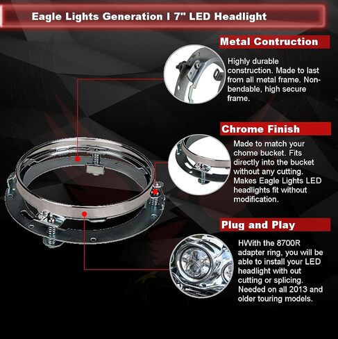 مصابيح Eagle Lights 7 بوصة Harley LED مع مصابيح بقعة متطابقة في كروم ، تي شيرت خاتم محول مجاني - 2013 و Harley Touring الأقدم (Glide Street ، Ultra Classic والمزيد) (Chrome) (Chrome) in Kuwait