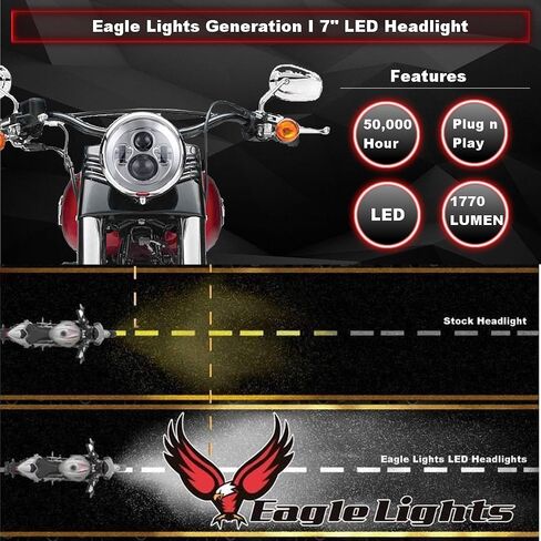 مصابيح Eagle Lights 7 بوصة Harley LED مع مصابيح بقعة متطابقة في كروم ، تي شيرت خاتم محول مجاني - 2013 و Harley Touring الأقدم (Glide Street ، Ultra Classic والمزيد) (Chrome) (Chrome) in Kuwait