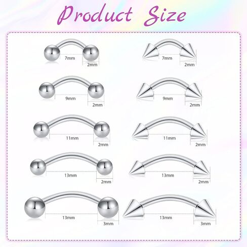 10PCS Eyebrow Piercing Jewelry – 16G Surgical Steel Curved Barbell Eyebrow Rings, Vertical Labret Lip Rings, Rook Helix Conch Daith Piercings for Women & Men (6mm/8mm/10mm/12mm) in Saudi Arabia