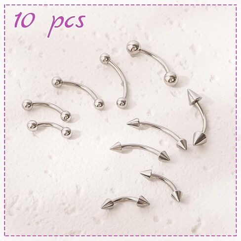 10PCS Eyebrow Piercing Jewelry – 16G Surgical Steel Curved Barbell Eyebrow Rings, Vertical Labret Lip Rings, Rook Helix Conch Daith Piercings for Women & Men (6mm/8mm/10mm/12mm) in Saudi Arabia
