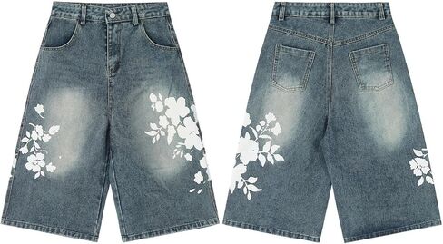 Y2K Baggy Jorts Summer Vintage Jeans Flower Graphic Jean Shorts Wide Leg Streetwear Cargo Pants in Saudi Arabia