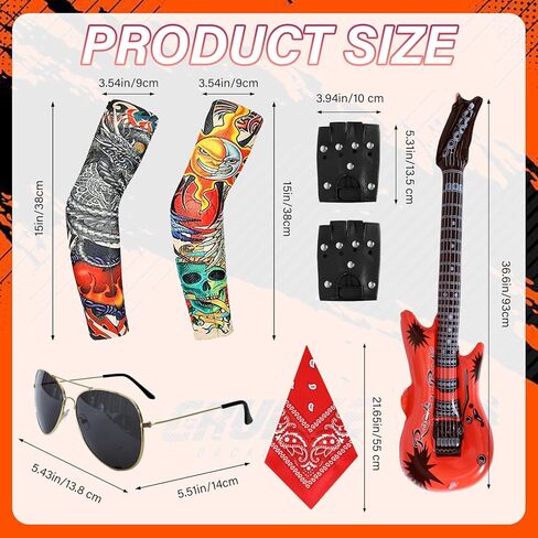 Halloween 80s Rocker Costume Set for Men Hippie Wig Tattoo Sleeve Gloves Headband Inflatable Guitar Punk Props Accessories in Saudi Arabia