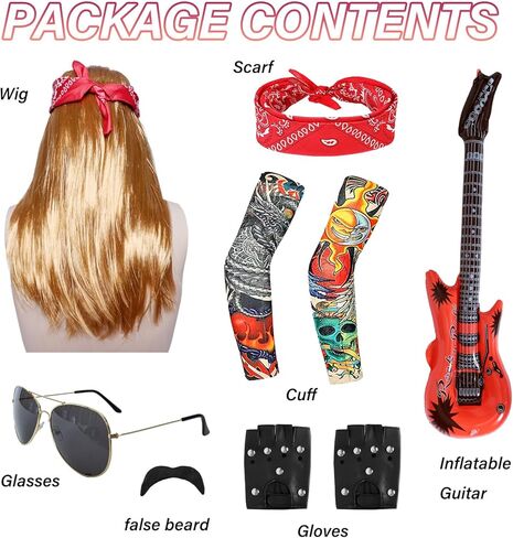 Halloween 80s Rocker Costume Set for Men Hippie Wig Tattoo Sleeve Gloves Headband Inflatable Guitar Punk Props Accessories in Saudi Arabia