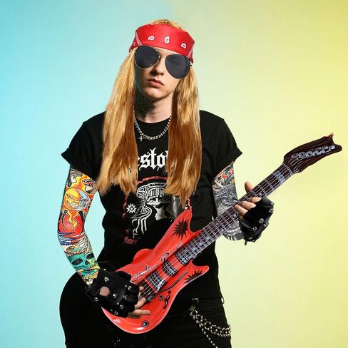 Halloween 80s Rocker Costume Set for Men Hippie Wig Tattoo Sleeve Gloves Headband Inflatable Guitar Punk Props Accessories in Saudi Arabia
