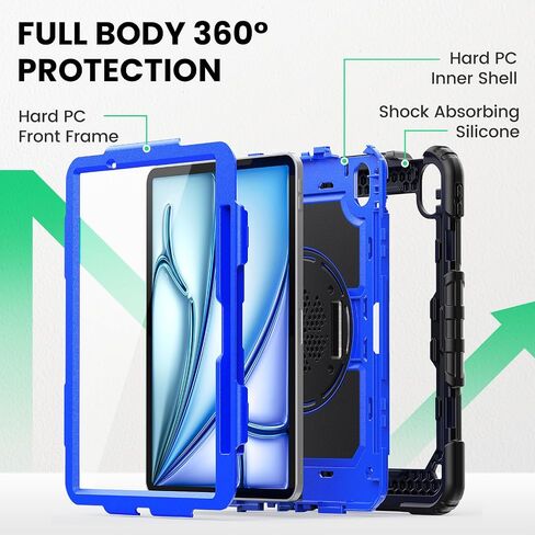 SEYMAC Case for iPad Air 13 Inch M4/M3/M2 (2026/2025/2024), Black | Heavy Duty Shockproof Protective, Built-in Screen Protector, 360° Rotating Stand, Hand/Shoulder Strap, Pencil Holder in Kuwait