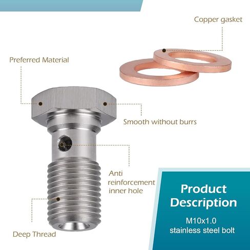 1 PC M10x1.0 Metric Stainless Steel Single Banjo Bolt Brake Fitting Adapter, 304 Stainless Steel External Hexagon Hollow Screw with Two Copper Spacers, Universal for Most Cars (Silver) in Saudi Arabia