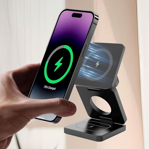 شاحن لاسلكي 3 في 1 قابل للطي لمحطة شحن iPhone السريعة: حامل شاحن 3 في 1 لأجهزة متعددة لأجهزة Apple - iPhone 15 14 13 12 Series - Apple Watch 9 8 7 6 5 4 3 2 Se - Airpods 3 2 Pro (رمادي) in Saudi Arabia