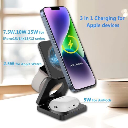 شاحن لاسلكي 3 في 1 قابل للطي لمحطة شحن iPhone السريعة: حامل شاحن 3 في 1 لأجهزة متعددة لأجهزة Apple - iPhone 15 14 13 12 Series - Apple Watch 9 8 7 6 5 4 3 2 Se - Airpods 3 2 Pro (رمادي) in Saudi Arabia