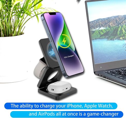 شاحن لاسلكي 3 في 1 قابل للطي لمحطة شحن iPhone السريعة: حامل شاحن 3 في 1 لأجهزة متعددة لأجهزة Apple - iPhone 15 14 13 12 Series - Apple Watch 9 8 7 6 5 4 3 2 Se - Airpods 3 2 Pro (رمادي) in Saudi Arabia