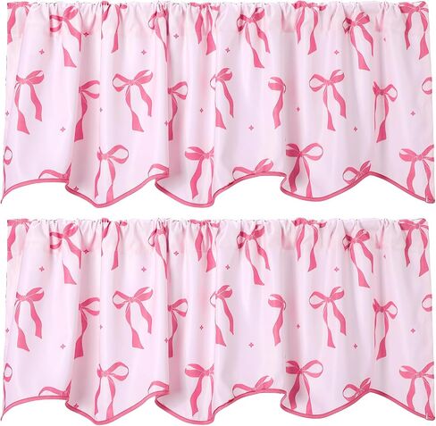 2 Pcs Pink Bow Valance for Window 16" l x 56" W Coquette Preppy Pink Scalloped Curtains for Kitchen Window,Living Room,Bathroom in Saudi Arabia