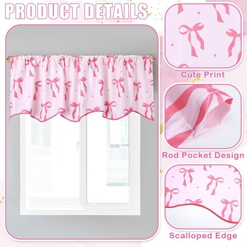 2 Pcs Pink Bow Valance for Window 16" l x 56" W Coquette Preppy Pink Scalloped Curtains for Kitchen Window,Living Room,Bathroom in Saudi Arabia