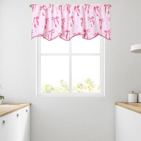 2 Pcs Pink Bow Valance for Window 16" l x 56" W Coquette Preppy Pink Scalloped Curtains for Kitchen Window,Living Room,Bathroom in Saudi Arabia